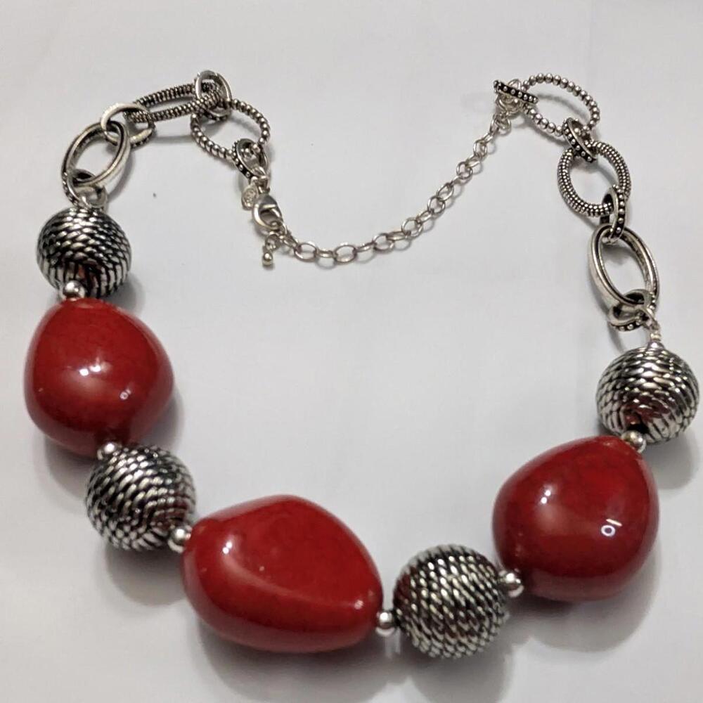 Premier Designs Necklace Collar Large Red Beads Silver Tone 20" Statement Piece